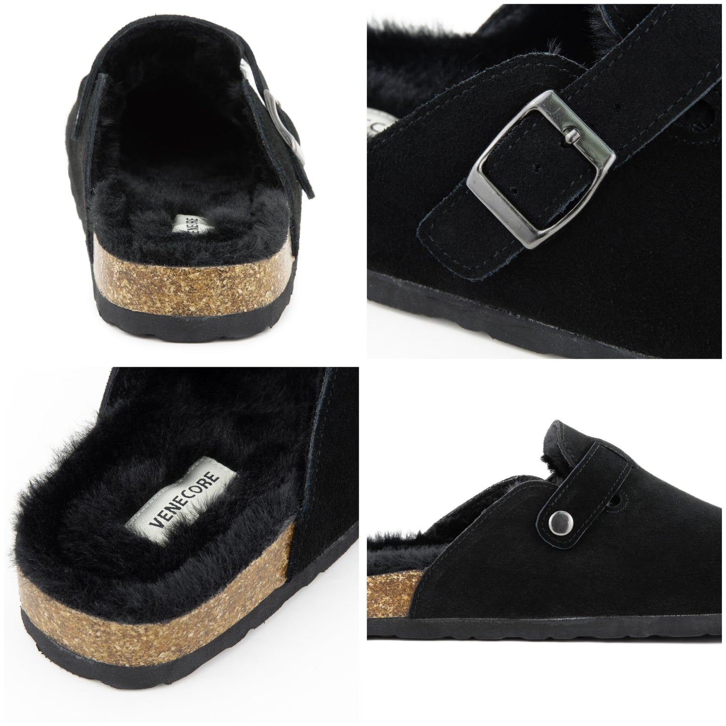 Erica Women's Cork Footbed Clogs Genuine Soft Suede Fuzzy Faux Fur Lined Comfort Cushioned Mule Slide Shoes