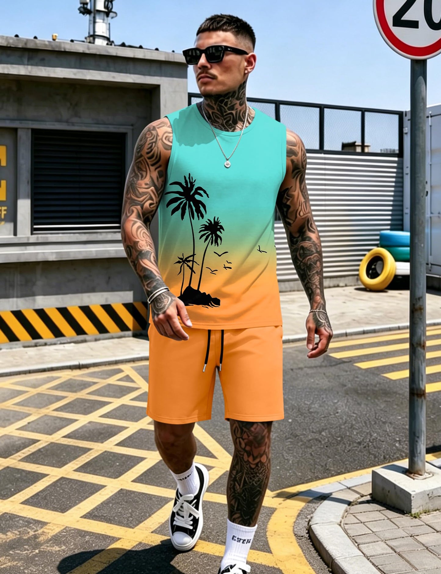 LecGee Men's 2 Piece Hawaiian Tank Tops Tropical Floral Beach Sleeveless Round neck T-shirt Casual Daily Beach Summer
