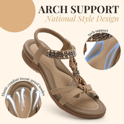 Littleplum Womens Sandals Arch Support Slingback Rhinestone Dressy Sandals Comfort Summer Shoes Ankle Strap Elastic Flats for Beach Walking