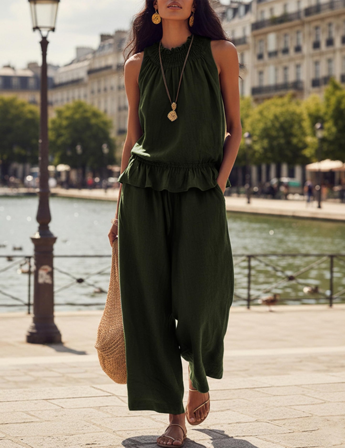 Tanming Women's Linen 2 Piece Outfits Sleeveless Ruffle Top Wide Leg Pants Summer Loungewear Beach Travel Sets