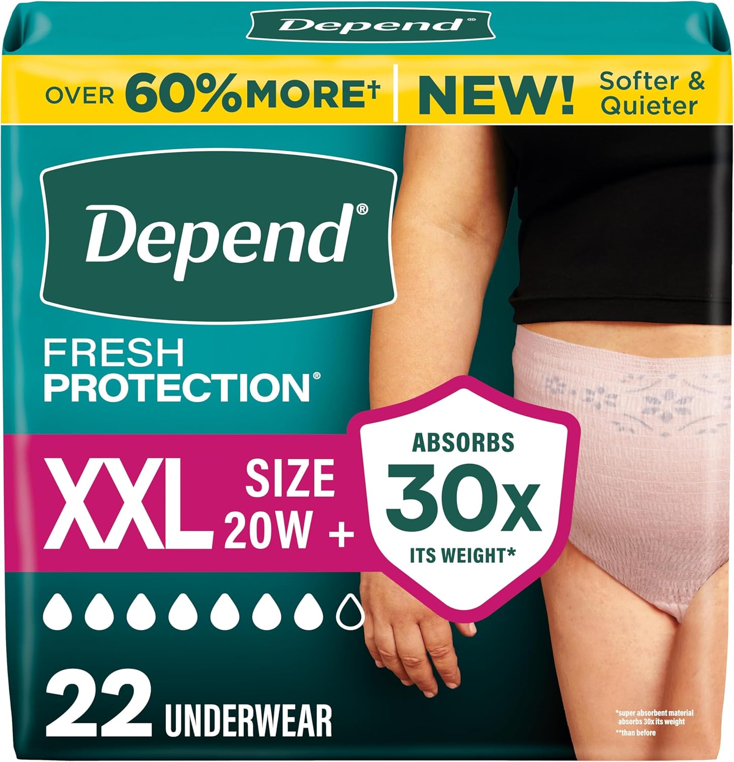 Depend Fresh Protection Adult Diapers, Incontinence Underwear for Women, Disposable, Maximum, XXL, Blush, 44 Count (2 Packs of 22), Packaging May Vary