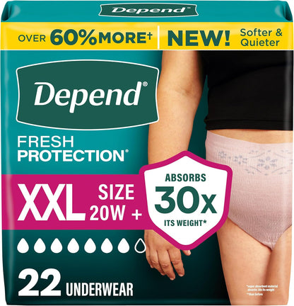 Depend Fresh Protection Adult Diapers, Incontinence Underwear for Women, Disposable, Maximum, XXL, Blush, 44 Count (2 Packs of 22), Packaging May Vary