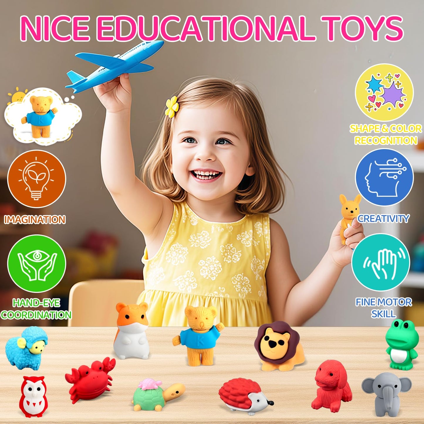 URSKYTOUS 60Pcs Animal Erasers Desk Pets for Kids,Classroom Prizes | Bulk Puzzle Erasers Toys,Party Favors,Back to School,Treasure Chest,Goodie Bag Stuffers,Easter Egg Fillers,Stocking Stuffers