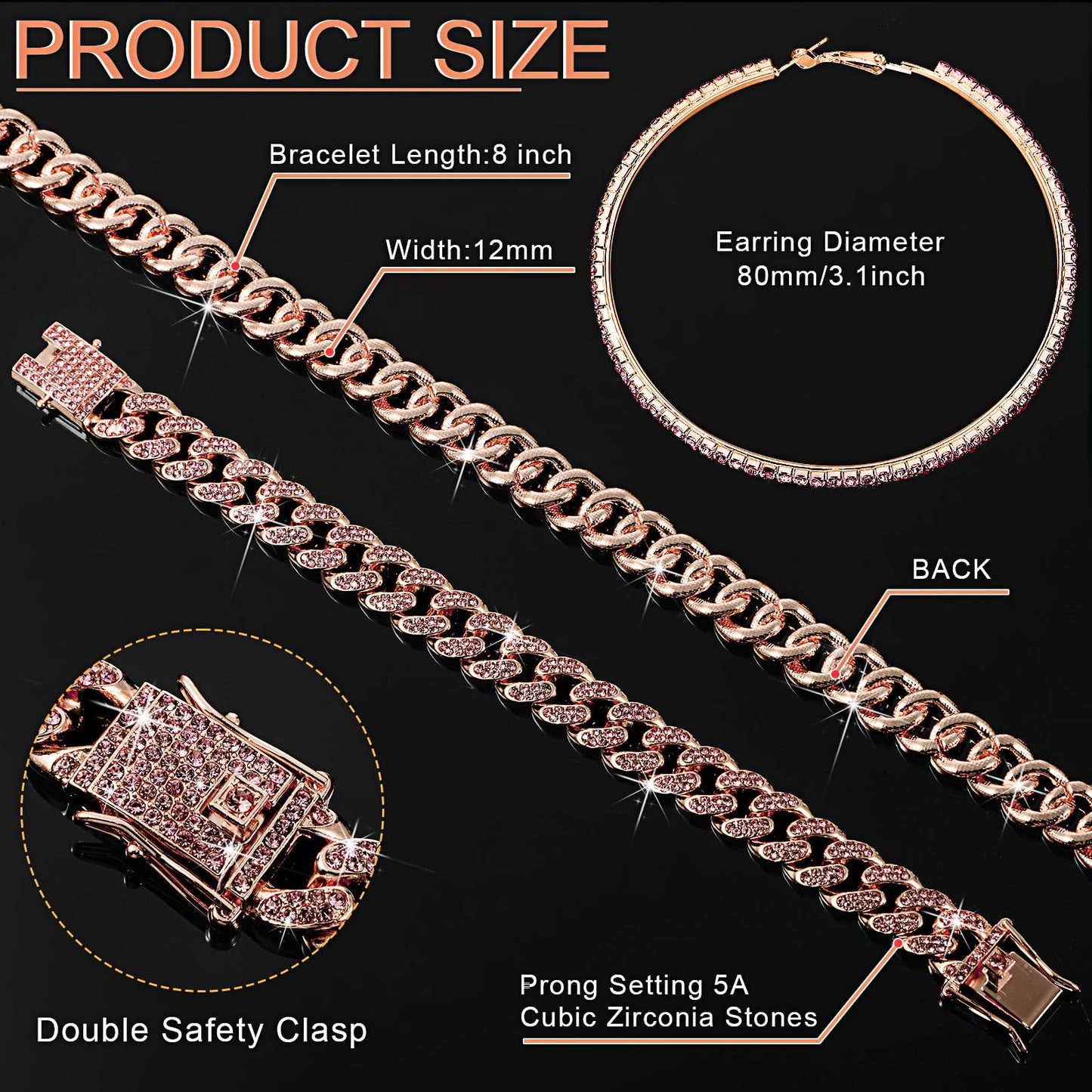 Batiyeer 3 Pcs Cuban Link Chain Necklace Bracelet Rhinestone Hoop Earrings Bling Crystal Hip Hop Jewelry for Women(18 Inch,Gold)