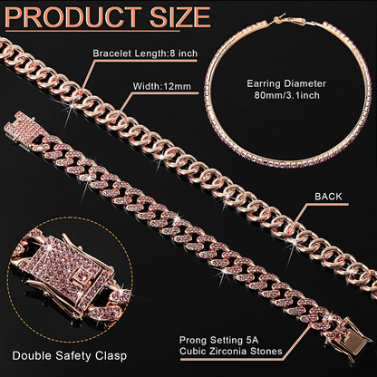 Batiyeer 3 Pcs Cuban Link Chain Necklace Bracelet Rhinestone Hoop Earrings Bling Crystal Hip Hop Jewelry for Women(18 Inch,Gold)