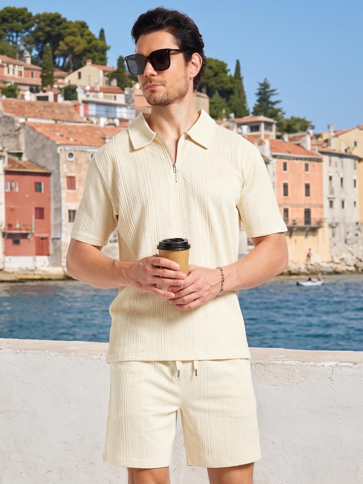 yuyangdpb Men's 2 Piece Summer Vacation Outfits Polo Shirt & Shorts Set | Breathable Textured Knit Fabric, Stretchy, Soft, Moisture-wicking, Lightweight, Ideal for Beach Casual Tracksuit, M-2XL