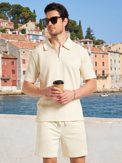yuyangdpb Men's 2 Piece Summer Vacation Outfits Polo Shirt & Shorts Set | Breathable Textured Knit Fabric, Stretchy, Soft, Moisture-wicking, Lightweight, Ideal for Beach Casual Tracksuit, M-2XL