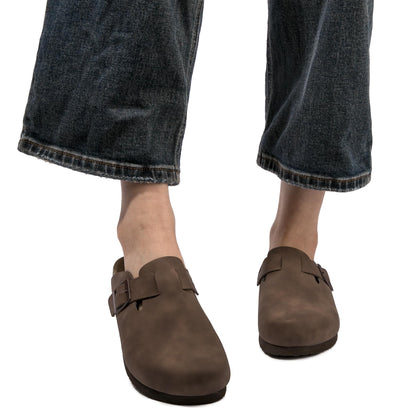 Women Suede Clogs Casual Slip On Potato Mule Slippers | Soft Suede Upper, Arch-Support Cork Insole, Adjustable Buckle, Anti-Slip Sole