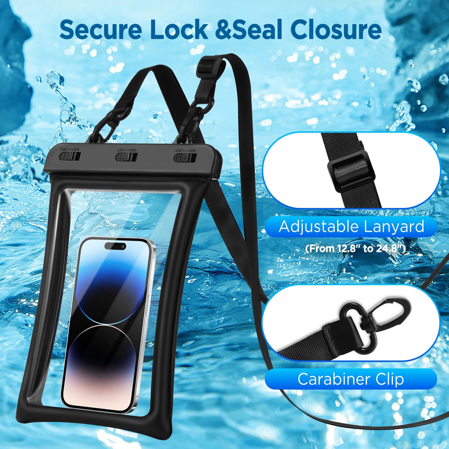 CACOE Floatable Waterproof Phone Pouch 2 Pack Up to 9.0", Black+Green | Floatable, IPX8 Waterproof Phone Case,Adjustable Lanyard,Dry Bags for Beach/Cruise/Travel/Camping/Kayak/Vacation Essentials