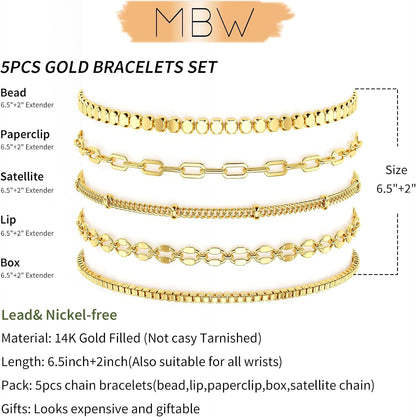 Dainty Simple Gold Bracelets for Women, Stackable Satellite Paperclip Lip Bracelet Set Tiny Lip Dot Chain Box Link for Handmade Gift Minimalist Cute Trendy Jewelry Gold Accessories for Women