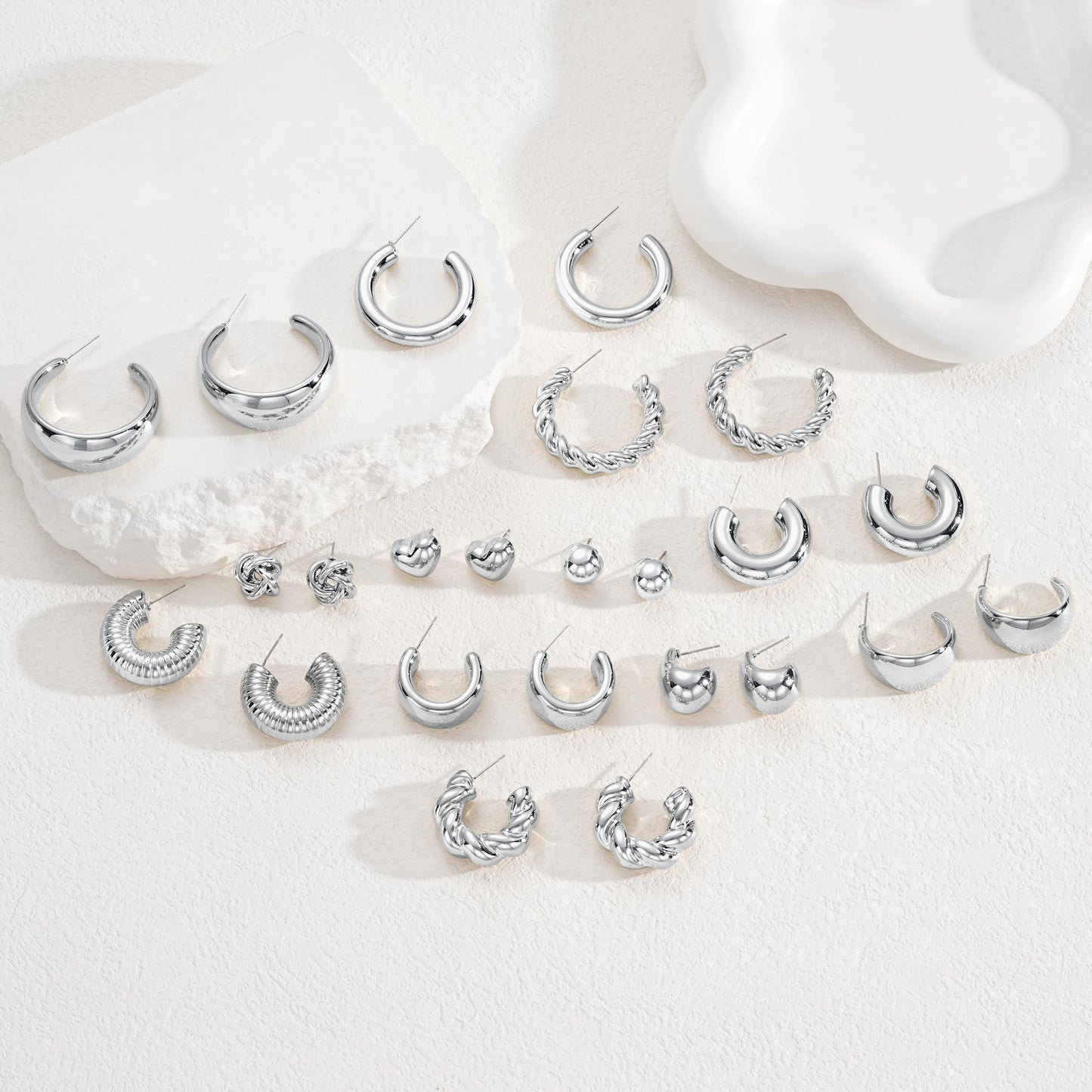 12 Pairs Chunky Gold Hoop Earrings for Women Trendy, Gold Plated Lightweight Hypoallergenic Stack, Thick Open Twisted Huggie Hoops Earring Set