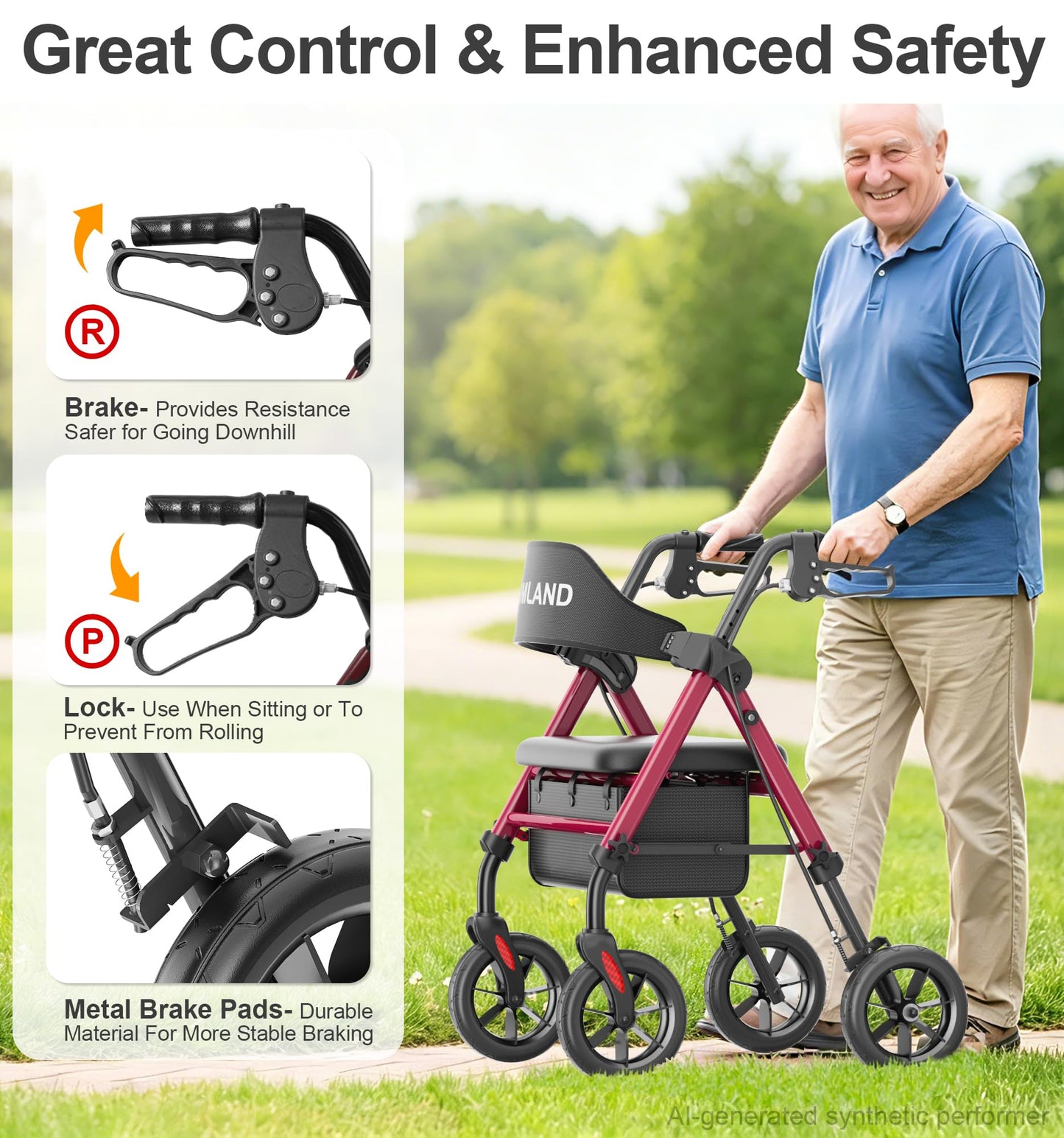 HOMLAND Walkers for Seniors with Seat, Foldable Rollator Walker, Reinforced Aluminum Frame, 8" Big Rubber Wheels for All Terrain, Height Adjustable Lightweight Rolling Walker