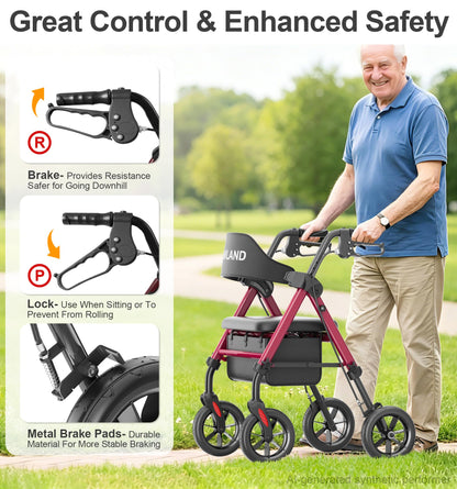 HOMLAND Walkers for Seniors with Seat, Foldable Rollator Walker, Reinforced Aluminum Frame, 8" Big Rubber Wheels for All Terrain, Height Adjustable Lightweight Rolling Walker