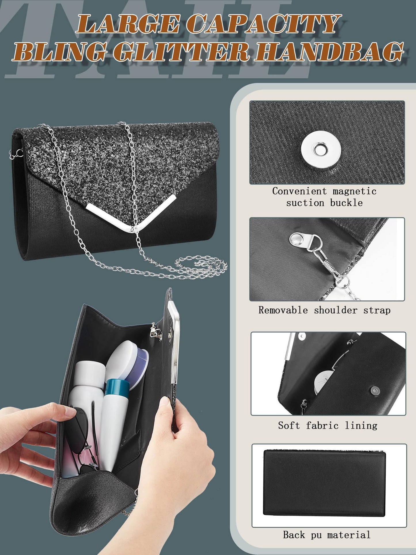Henoyso 5 Pcs Purse Rhinestone Jewelry Set Prom Jewelry Rhinestone Clutch Purse Necklace Earrings Bracelets for Women Bride