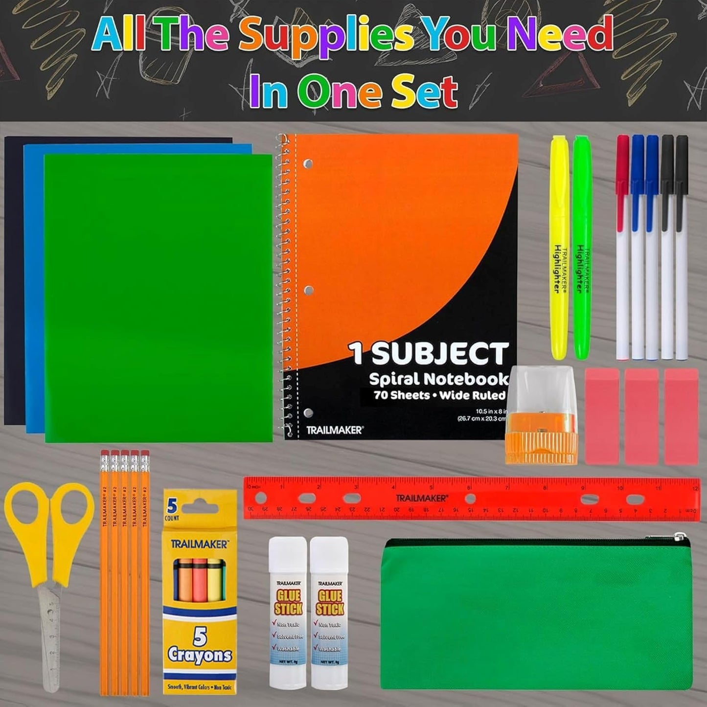 Trailmaker 12 Pack Bulk School Supply Kits | 30 Piece Classroom Supply Sets for Elementary & Middle School | Notebooks, Pencils, Crayons & Essentials | Ideal for Schools, Nonprofits, Charities & Donation Programs
