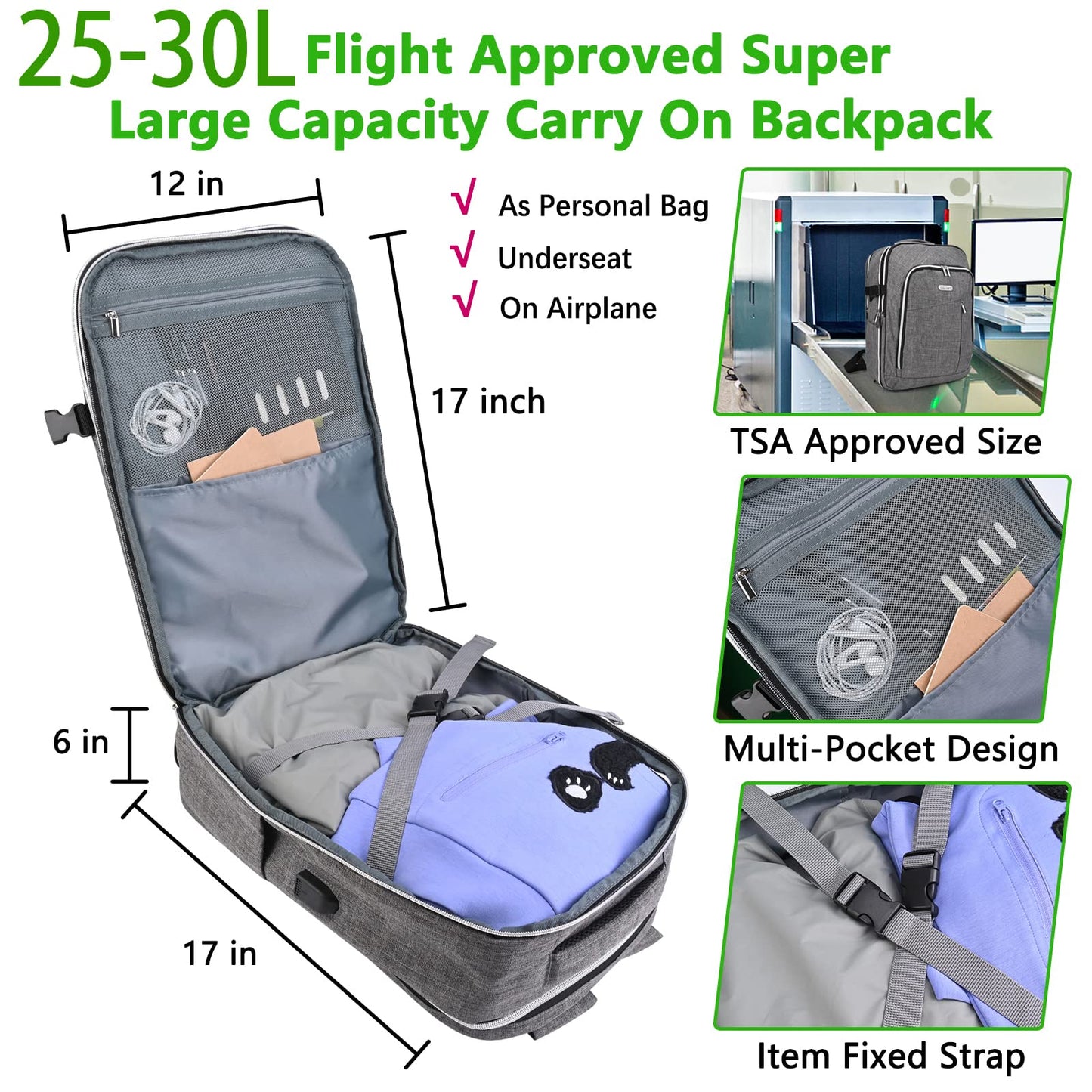 Travel Carry On 17.5" Laptop Expandable Backpack for Men Women, Personal Item Bag Waterproof Airline Approved with USB Charging Hole 3 Packing Cubes, Large Weekender Daypack Business Luggage Suitcase