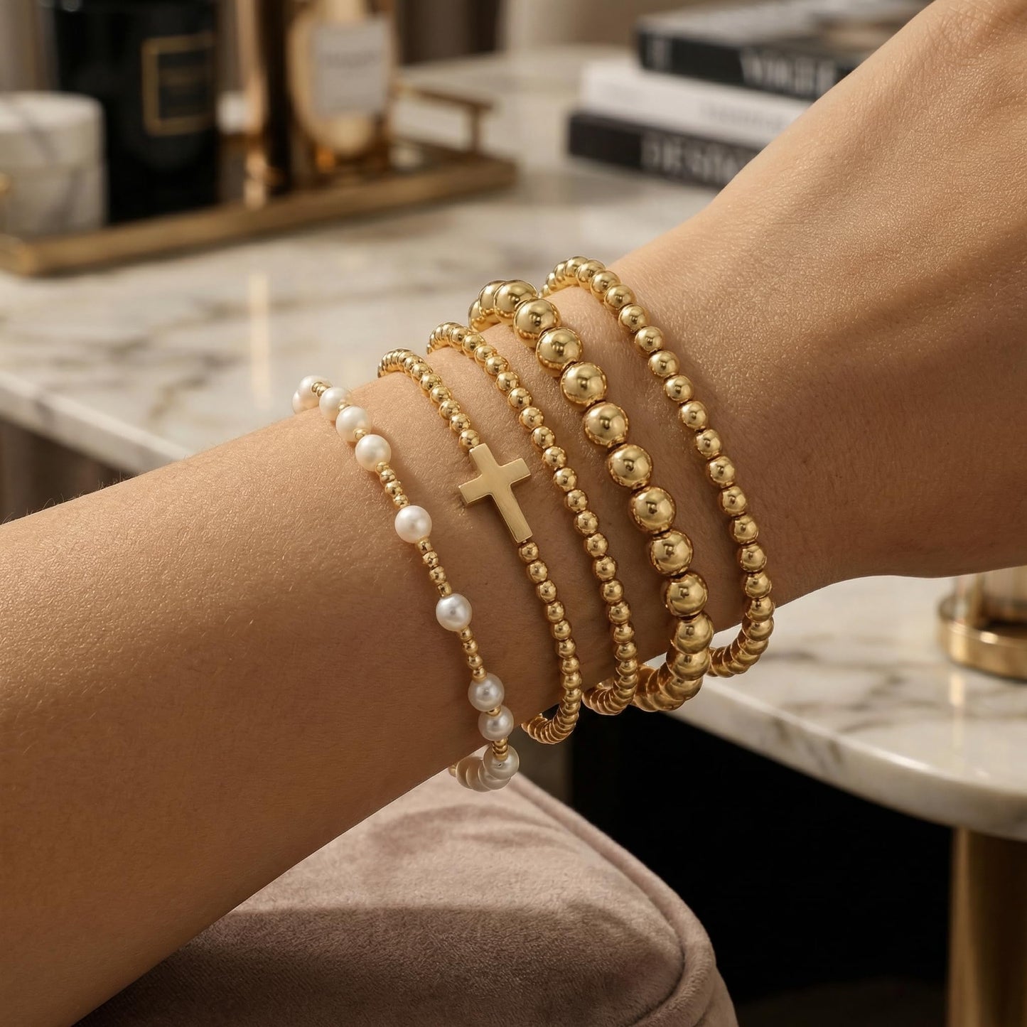 14K Gold Plated Pearl Beaded Cross Bracelets Stack Set for Women,Stretch Boho Colorful Christian Beads Ball Jewelry Friendship Summer Trendy Gift