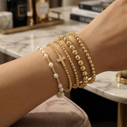 14K Gold Plated Pearl Beaded Cross Bracelets Stack Set for Women,Stretch Boho Colorful Christian Beads Ball Jewelry Friendship Summer Trendy Gift