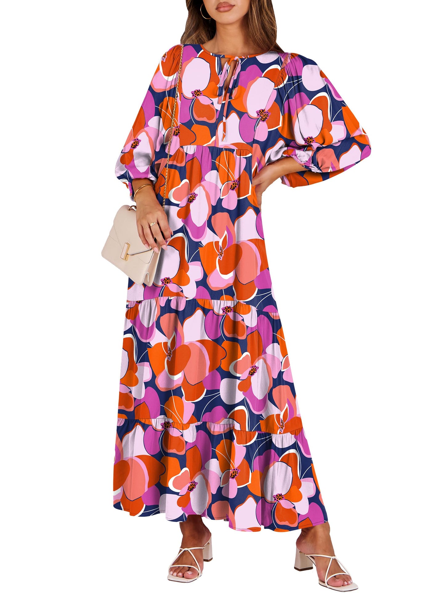 ANRABESS Womens Boho Floral 3/4 Puff Sleeve Maxi Dress | Tiered Flowy Loose Fit, Comfy Soft Rayon Fabric, Wedding Guest Church Beach, Modest Elegant, Spring Summer Fall Outfits