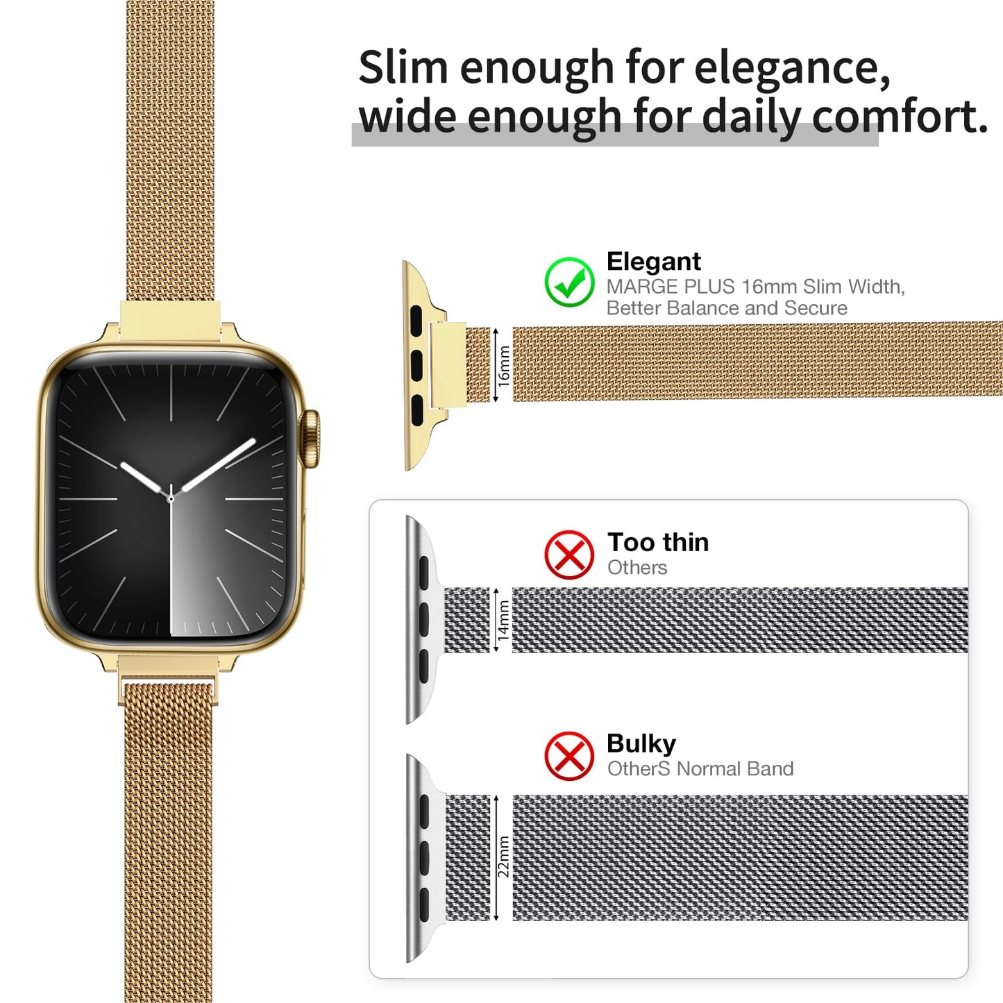 MARGE PLUS Slim Milanese Loop Compatible with Apple Watch Band for women 41mm 40mm 38mm 42mm 46mm 45mm 44mm, Stainless Steel Magnetic Mesh Strap work on iWatch Series 11 10 9 8 7 6 5 4 3 & SE 3 2 1