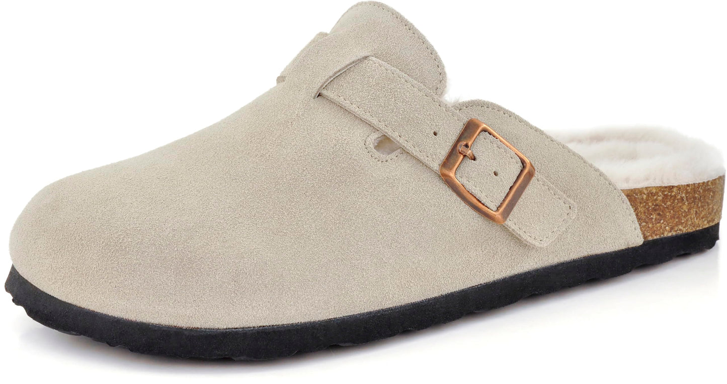 Erica Women's Cork Footbed Clogs Genuine Soft Suede Fuzzy Faux Fur Lined Comfort Cushioned Mule Slide Shoes