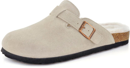 Erica Women's Cork Footbed Clogs Genuine Soft Suede Fuzzy Faux Fur Lined Comfort Cushioned Mule Slide Shoes