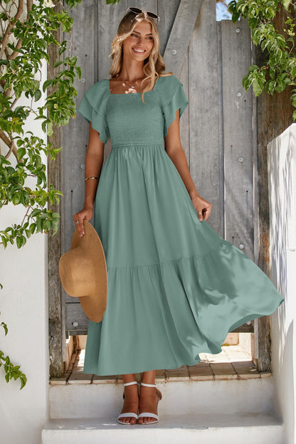 MASCOMODA Womens Summer Casual Midi Dress Square Neck Ruffle Short Sleeve Smocked High Waist A Line Wedding Guest Dresses