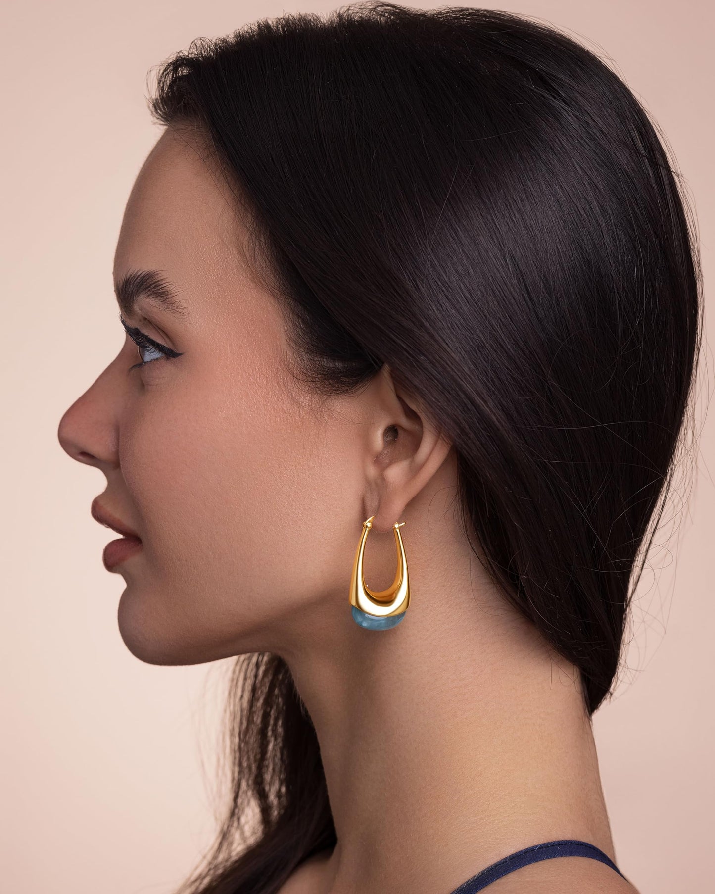SNGIA Long Oval Chunky Dangle 18K Gold Plated Hoops with Colored Resin Gemstone Statement Earrings for Women, (Green, Brown, Light blue, Dark Blue), Bold Drop Handmade Exaggerated Irregular Trendy Bohemian Jewelry Gifts, Unique Dangling Teardrop Baroque S