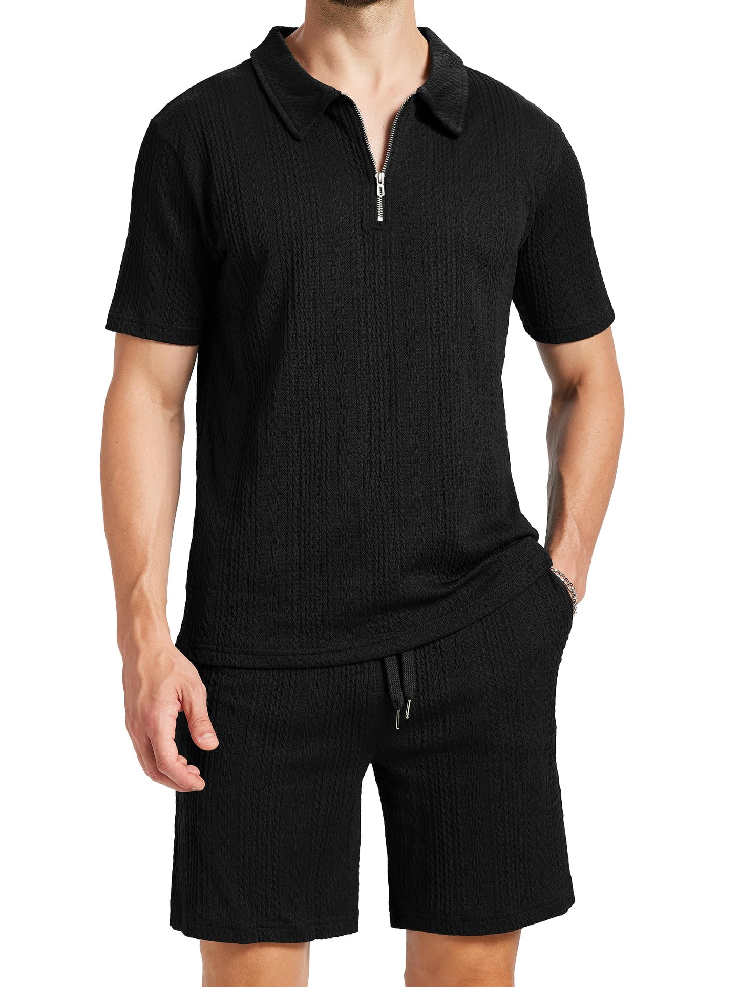 yuyangdpb Men's 2 Piece Summer Vacation Outfits Polo Shirt & Shorts Set | Breathable Textured Knit Fabric, Stretchy, Soft, Moisture-wicking, Lightweight, Ideal for Beach Casual Tracksuit, M-2XL