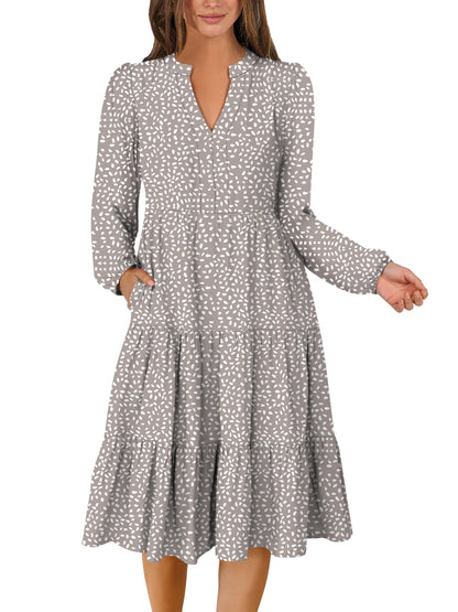 ANRABESS Womens V Neck Long Sleeve Midi Dress | Swing Flowy Tiered with Pockets, Soft Fabric, Boho Beach Vacation Dresses, Loose Fit Casual, Fall Winter Transition Clothes