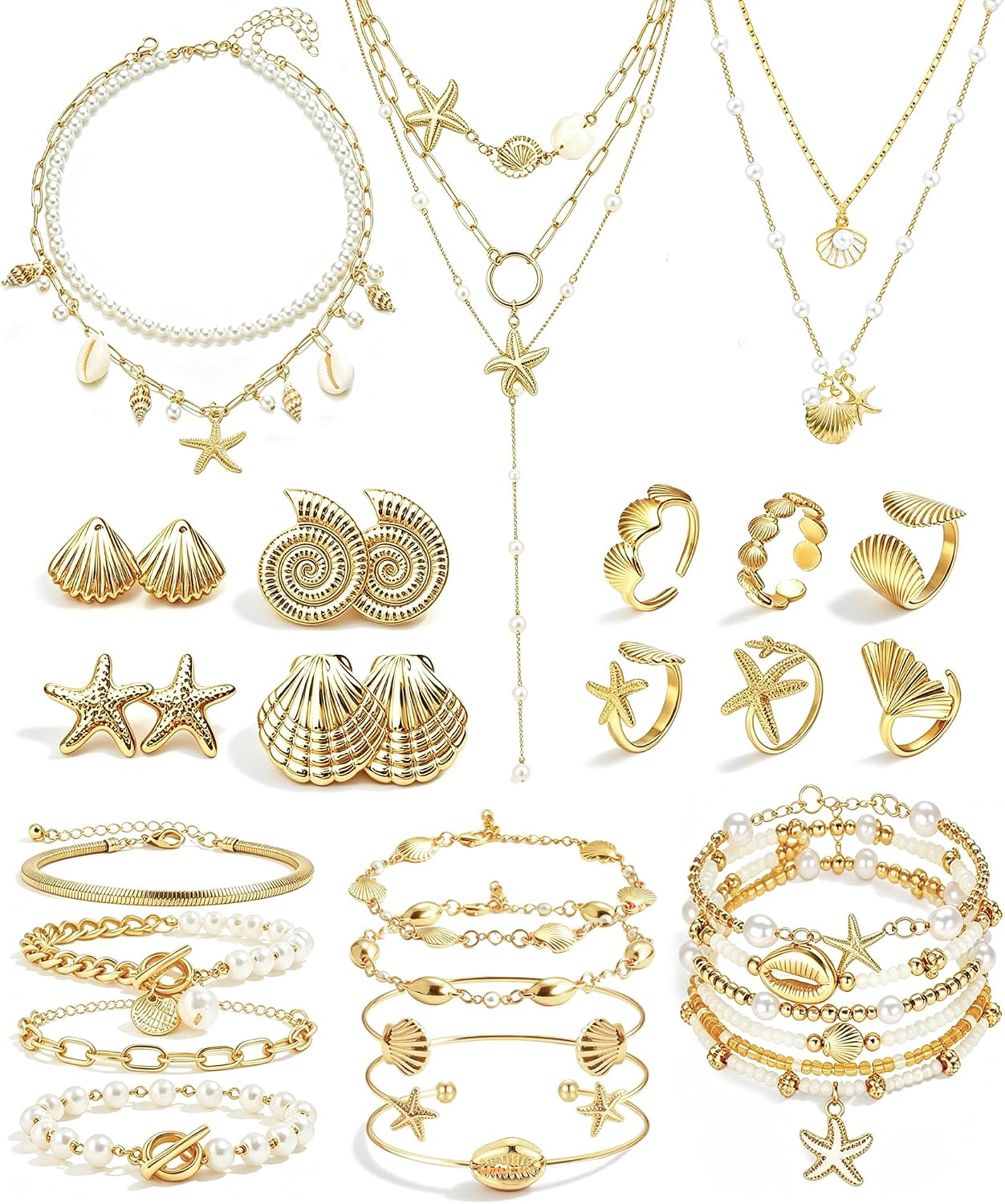 33 Pcs Seashell Starfish Jewelry Set for Women Gold | Layered Beachy Necklace Stackable Pearl Starfish Shell Bracelets Rings Earrings Set Beach Vacation Accessories