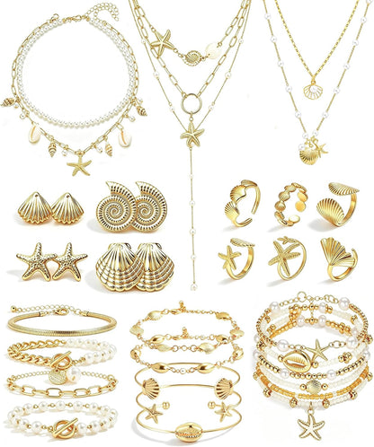 33 Pcs Seashell Starfish Jewelry Set for Women Gold | Layered Beachy Necklace Stackable Pearl Starfish Shell Bracelets Rings Earrings Set Beach Vacation Accessories