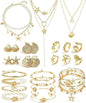 33 Pcs Seashell Starfish Jewelry Set for Women Gold | Layered Beachy Necklace Stackable Pearl Starfish Shell Bracelets Rings Earrings Set Beach Vacation Accessories
