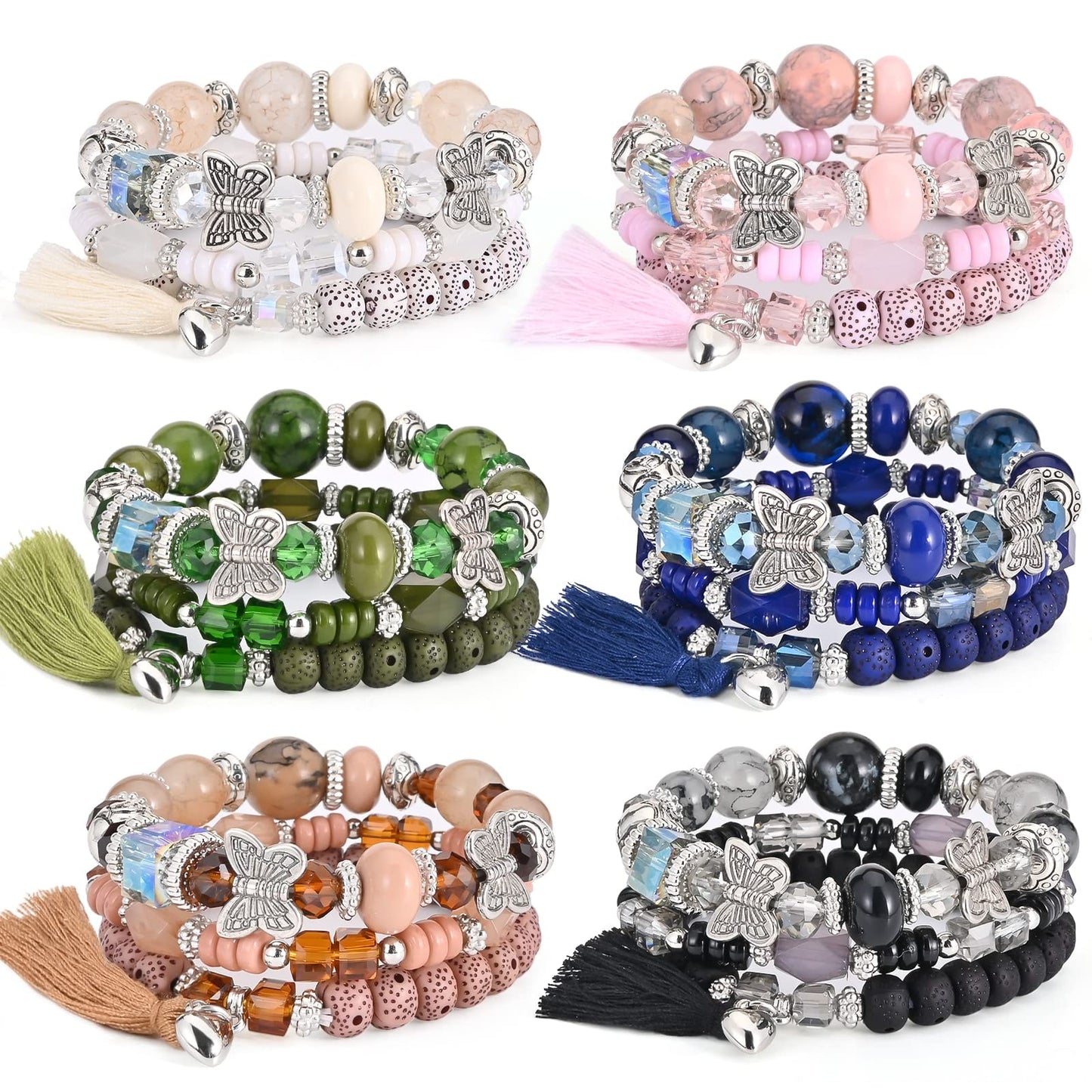 Bohemian Bracelet Sets for Women - 6 Sets Stackable Stretch Bracelets Multi-color Boho Jewelry for Women Hippie Bracelets Dainty Jewelry