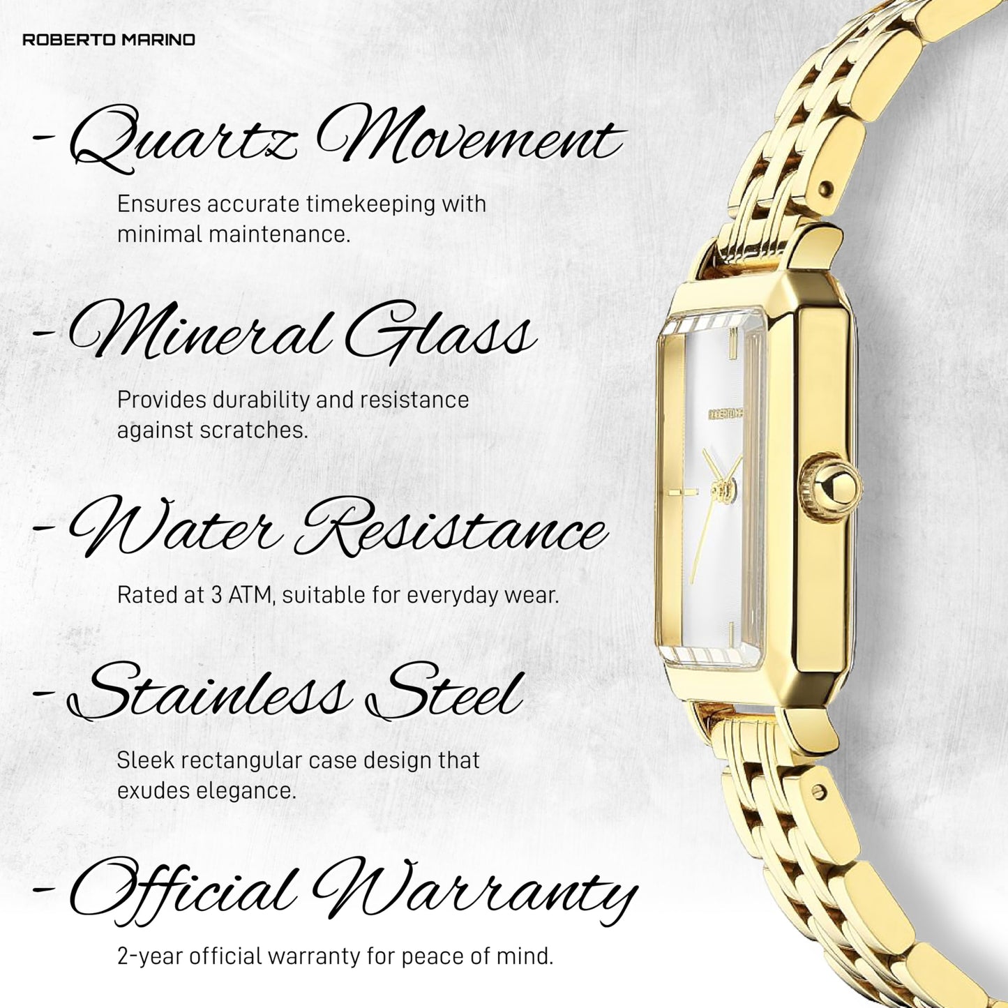 Roberto Marino RM1982 Women’s Luxury Watch Rectangular Gold – Japanese Quartz Movement, Vintage Stainless Steel Design, Silver Dial, Elegant Dress Timepiece, 3ATM Water Resistant – Reloj para Mujer