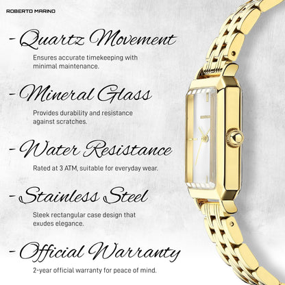 Roberto Marino RM1982 Women’s Luxury Watch Rectangular Gold – Japanese Quartz Movement, Vintage Stainless Steel Design, Silver Dial, Elegant Dress Timepiece, 3ATM Water Resistant – Reloj para Mujer