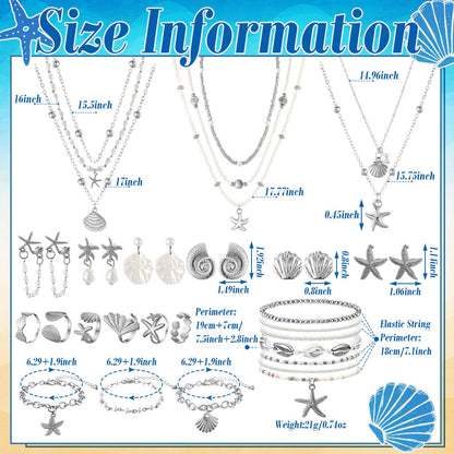 Tondiamo 23 Pcs Seashell Starfish Jewelry Set Boho Summer Beach Mermaid Accessories Layered Charm Necklace Earrings Studs Bracelets Rings for Women Holiday Vacation Wedding Party Gift