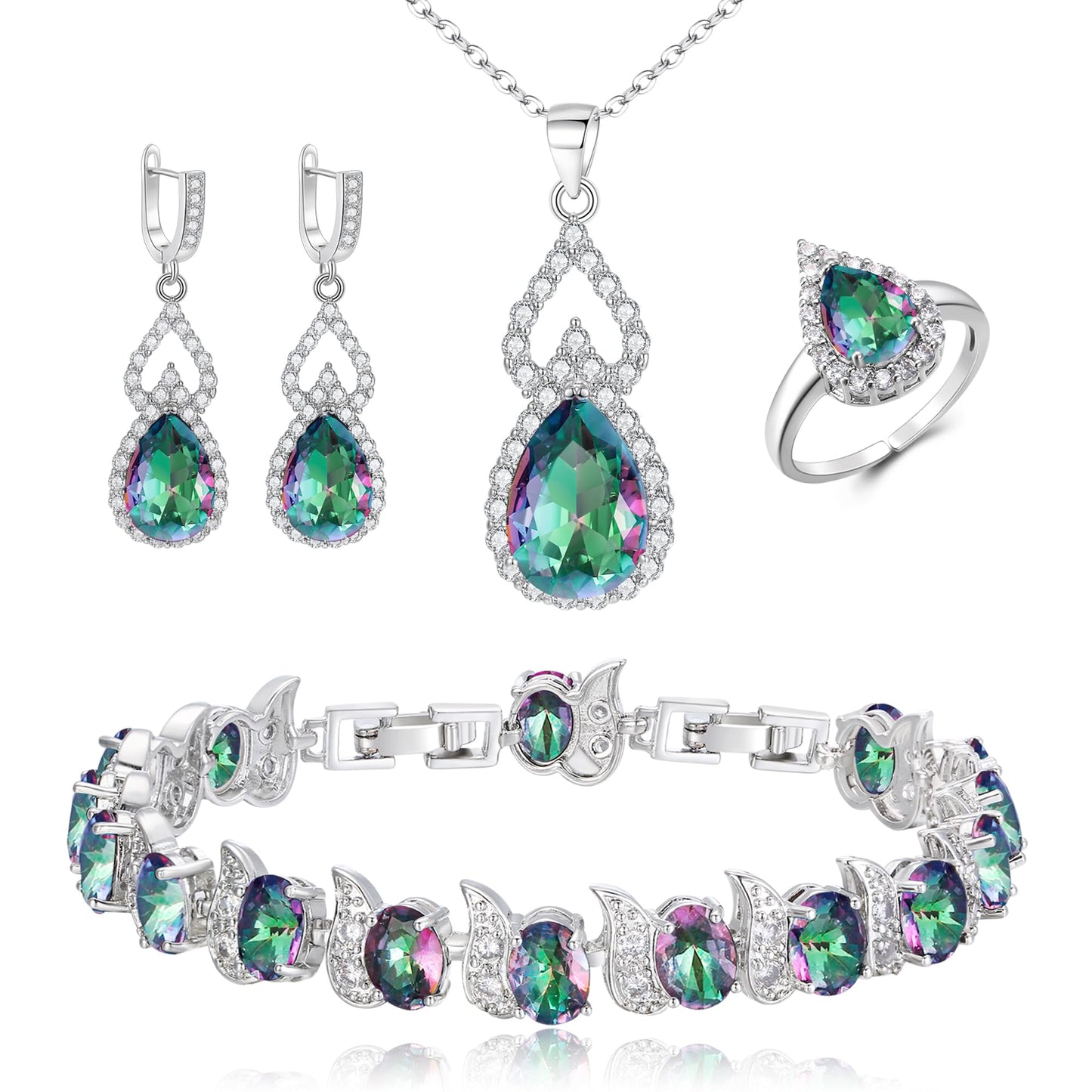 BriLove Wedding Jewelry Set for Women Bride Bridesmaid | Gorgeous Cubic Zirconia Teardrop Necklace Earrings Bracelet Adjustable Ring Jewelry Gift for Birthday/Anniversary