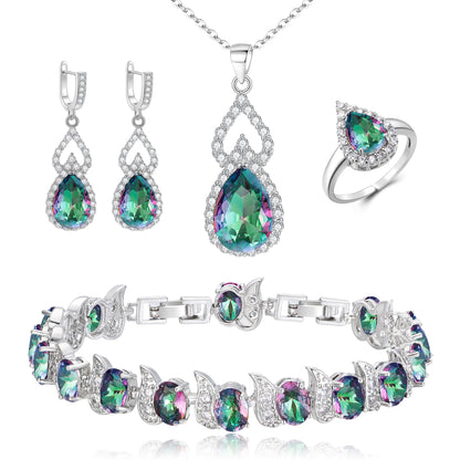 BriLove Wedding Jewelry Set for Women Bride Bridesmaid | Gorgeous Cubic Zirconia Teardrop Necklace Earrings Bracelet Adjustable Ring Jewelry Gift for Birthday/Anniversary