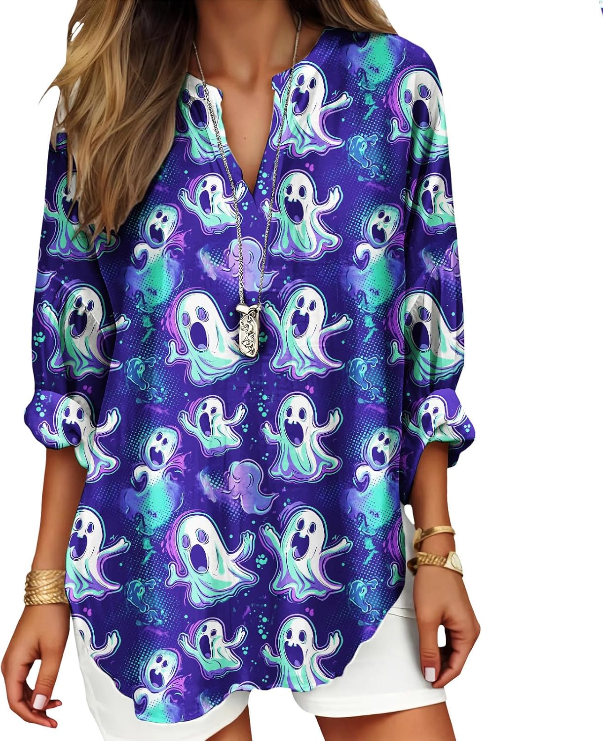 Womens Bohemian Print Tunic Top Cotton Blend V Neck Long Sleeve Loose Fit Casual Blouse for Summer Beach Vacation
