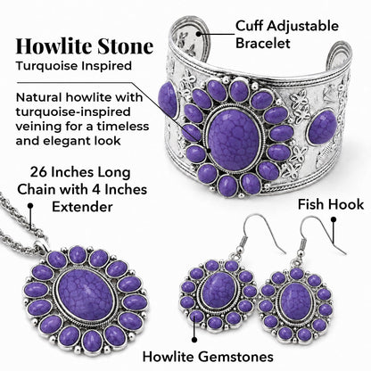 Shop LC Howlite Western Jewelry Set for Women Boho Cowgirl | 3-Piece Necklace Bracelet Earrings, Turquoise-Inspired, Chunky Statement, Southwestern