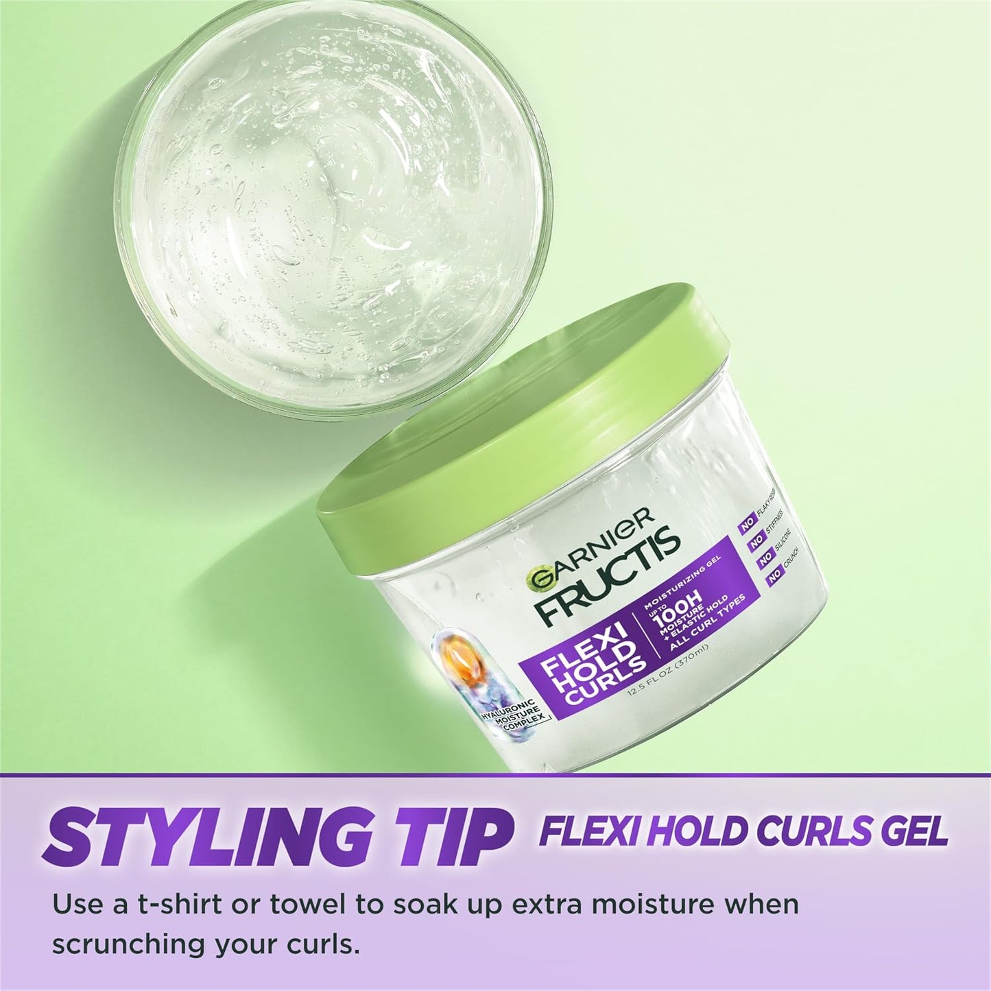 Garnier Fructis Flexi Hold Curls Moisturizing Gel, Curl Hair Styling Gel with Hyaluronic Moisture Complex, Provides Up to 100HRs of Moisture & Definition For All Curl Types, 12.5 Fl Oz