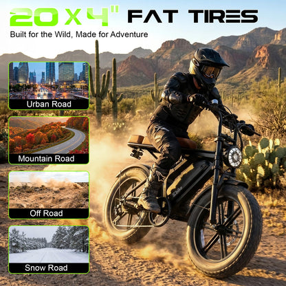 Electric Bike for Adults, Peak 1500W Motor Retro E Bike, Range 65/120Miles, 48V 15Ah Removable Battery, 20"x4" Fat Tires, Full Suspension, APP Control, Off-Road Ebike for City Commuting