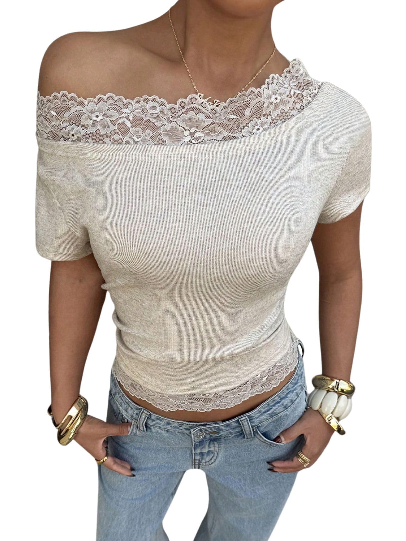 Verdusa Women's Y2K Lace Off The Shoulder Tops Cropped T Shirts Summer Chic Outfits