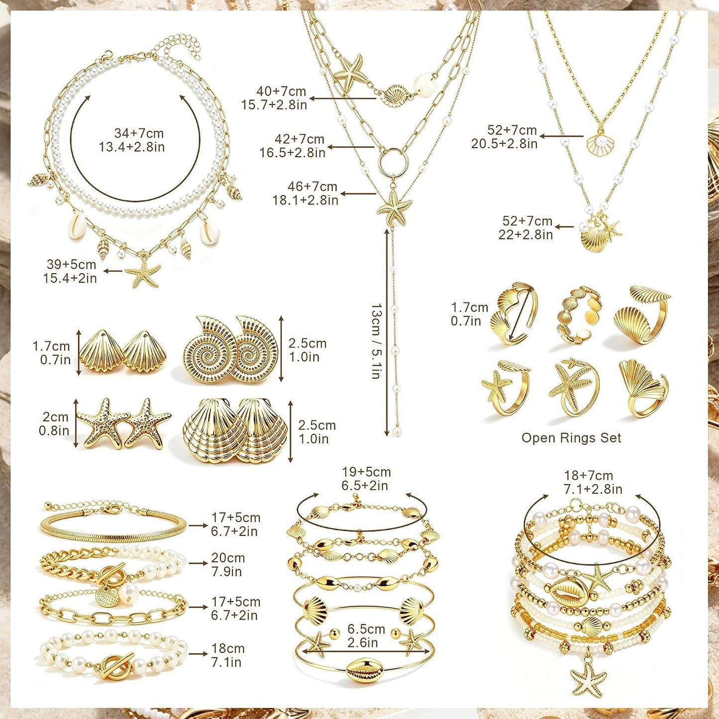 33 Pcs Seashell Starfish Jewelry Set for Women Gold | Layered Beachy Necklace Stackable Pearl Starfish Shell Bracelets Rings Earrings Set Beach Vacation Accessories