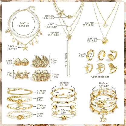 33 Pcs Seashell Starfish Jewelry Set for Women Gold | Layered Beachy Necklace Stackable Pearl Starfish Shell Bracelets Rings Earrings Set Beach Vacation Accessories