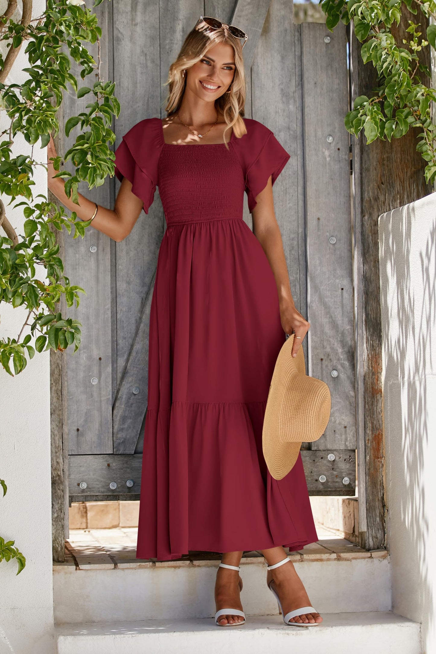 MASCOMODA Womens Summer Casual Midi Dress Square Neck Ruffle Short Sleeve Smocked High Waist A Line Wedding Guest Dresses
