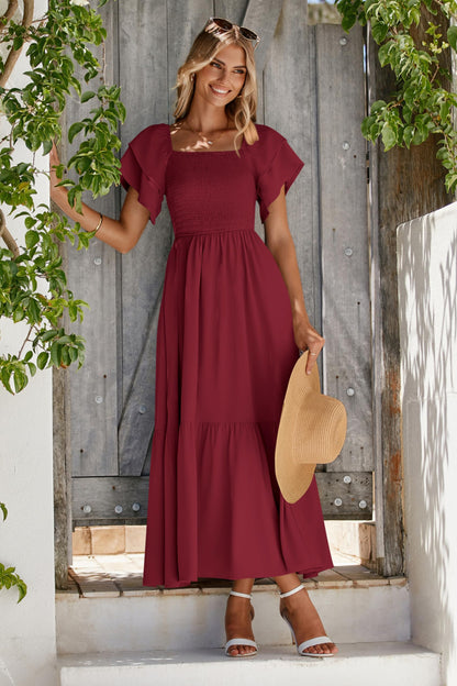 MASCOMODA Womens Summer Casual Midi Dress Square Neck Ruffle Short Sleeve Smocked High Waist A Line Wedding Guest Dresses