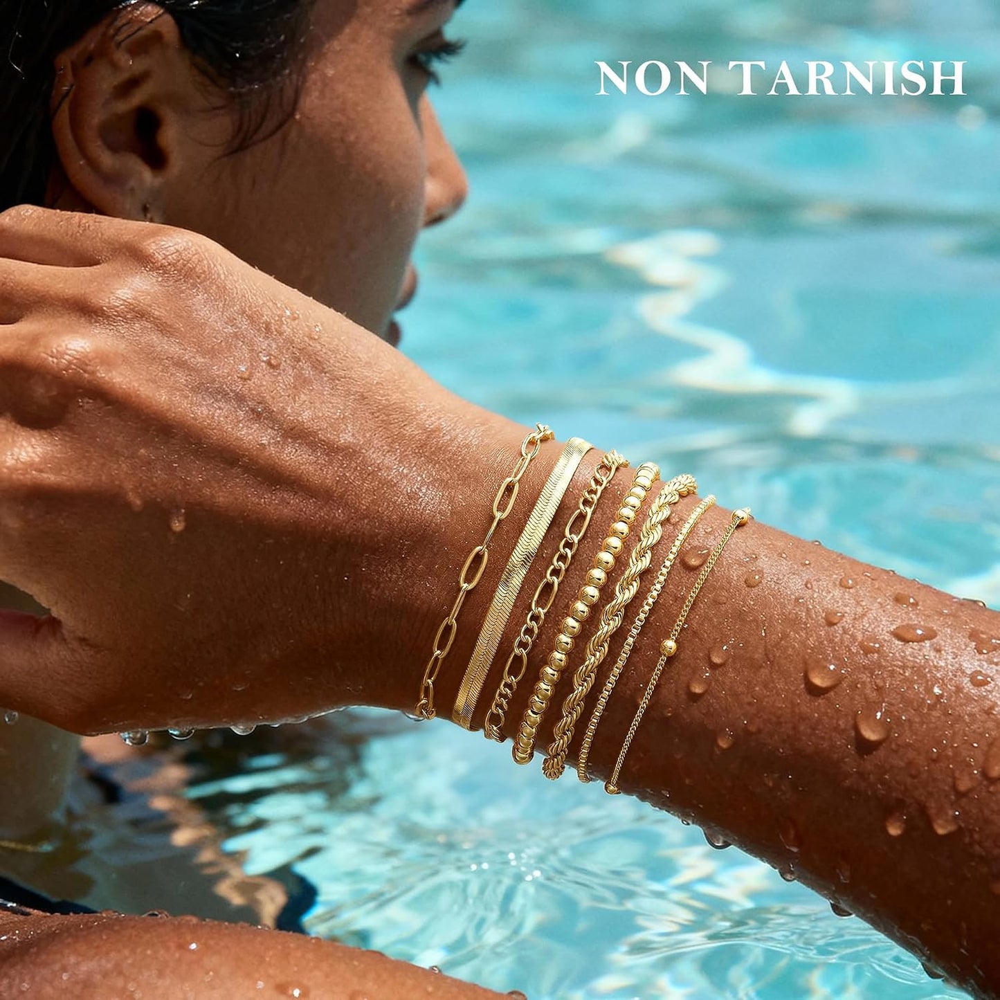 M MOOHAM 7PCS Gold Bracelets for Women, 14K Gold Plated Beaded Bracelet Set | Rope Paperclip Chain Stackable Bracelet, Non Tarnish Bracelet Stack, Friendship Birthday Jewelry, Gifts for Women Teen Girls