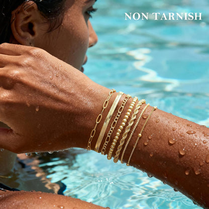 M MOOHAM 7PCS Gold Bracelets for Women, 14K Gold Plated Beaded Bracelet Set | Rope Paperclip Chain Stackable Bracelet, Non Tarnish Bracelet Stack, Friendship Birthday Jewelry, Gifts for Women Teen Girls